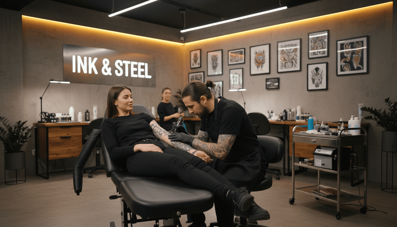 Professional tattoo artist creating custom design on client in bright studio