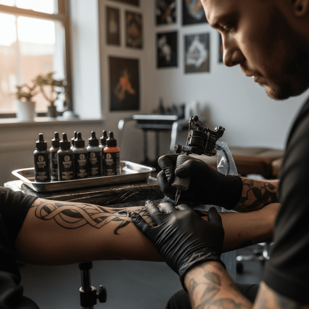 Tattoo artist applying custom design