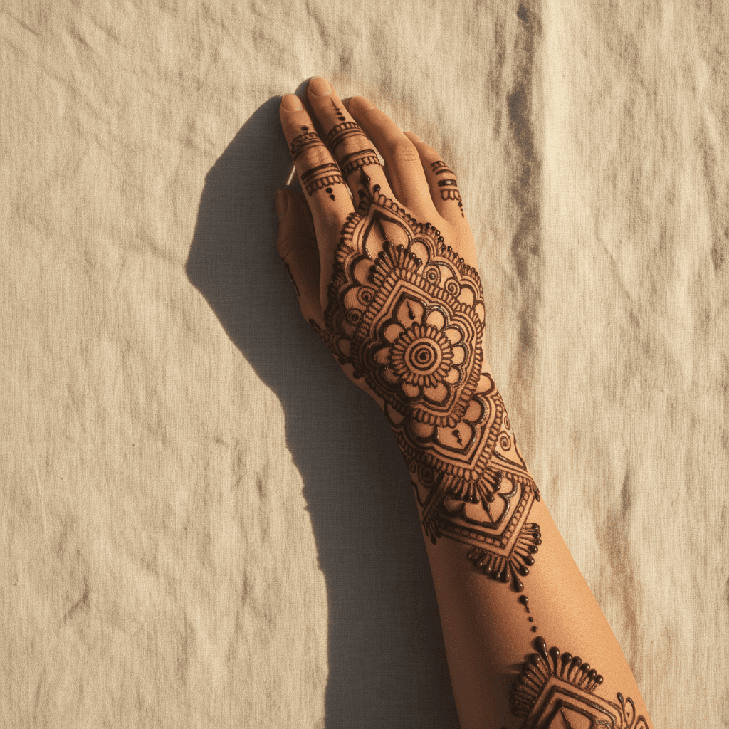 Mehendi artwork with intricate floral and traditional design elements