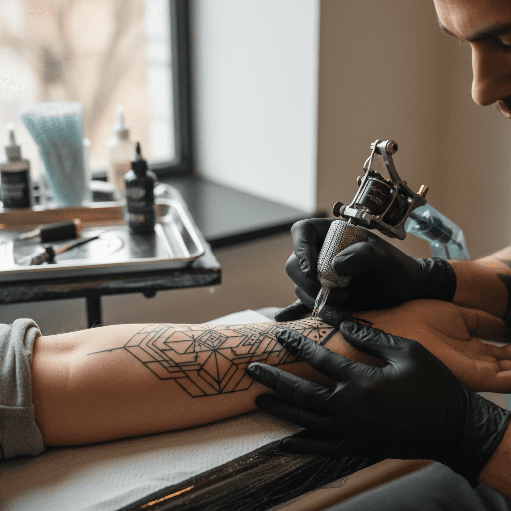 Tattoo artist working on client design