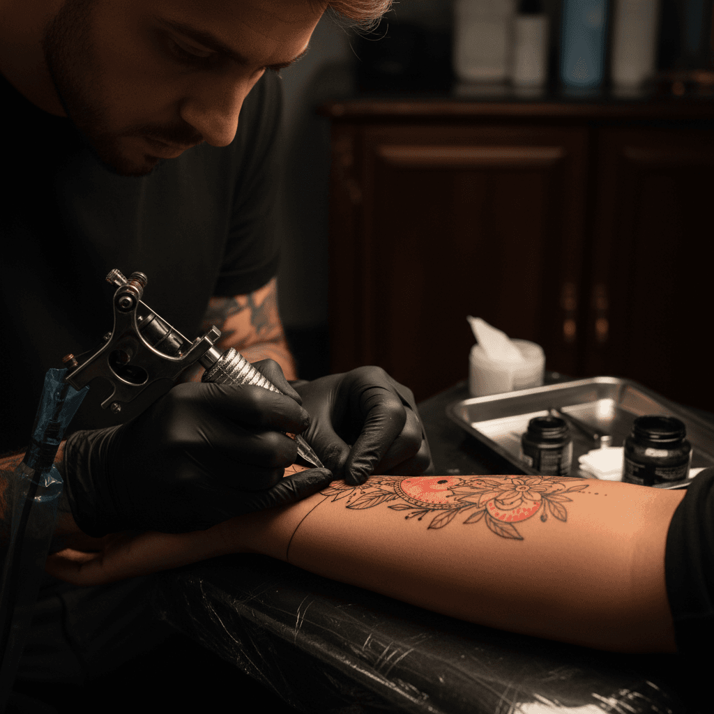 Tattoo artist creating custom design on client's arm