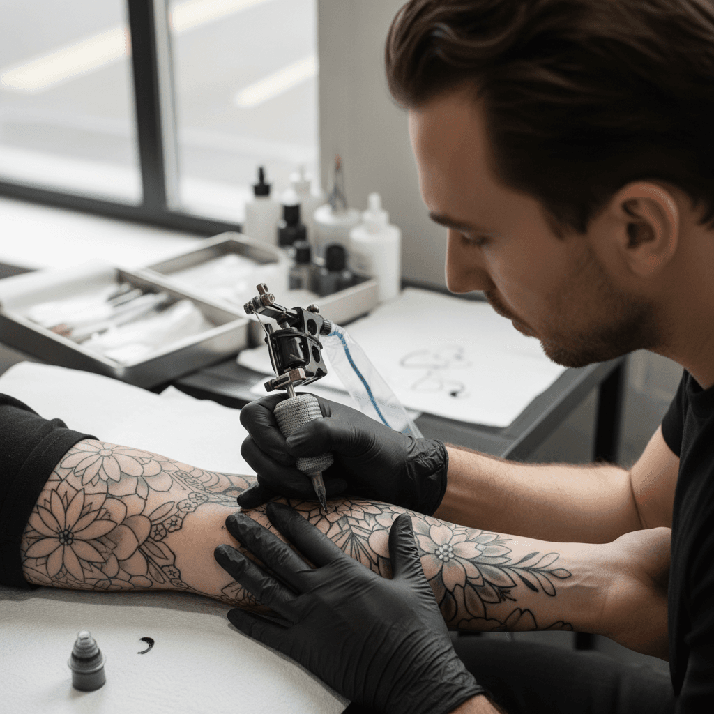 Custom black and grey tattoo design being applied in studio